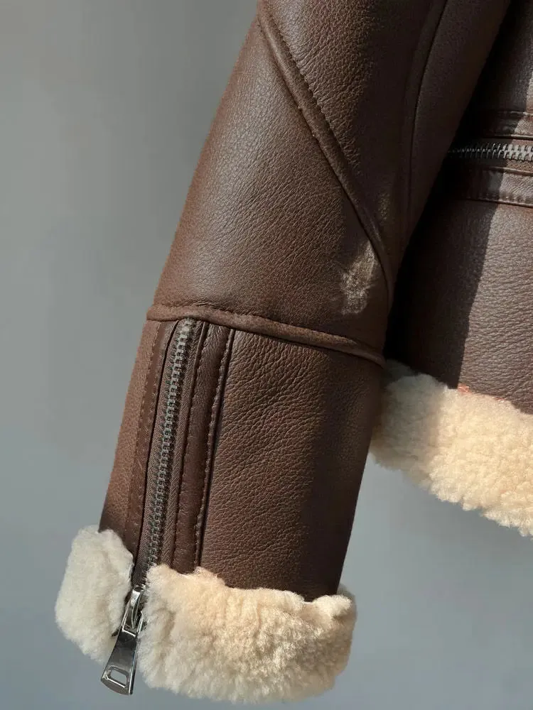 Fur Collar Brown Charming Faux Leather Jacket