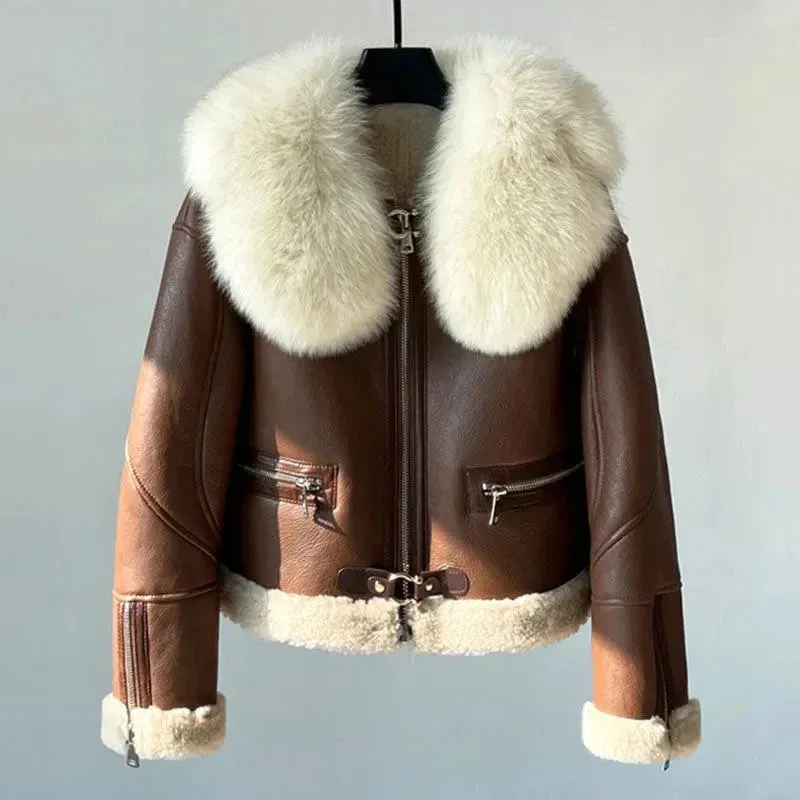 Fur Collar Brown Charming Faux Leather Jacket