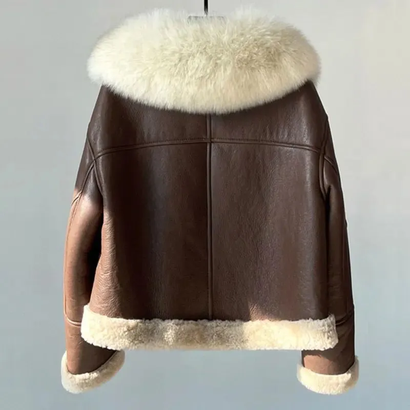 Fur Collar Brown Charming Faux Leather Jacket