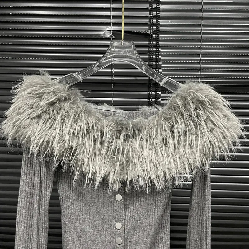 Fur Collar Single Breasted Knitted Sweater