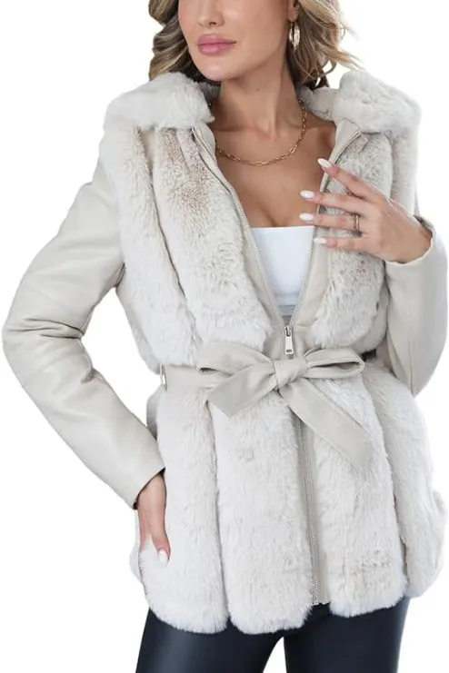 Giolshon Women Faux Fur Leather Jacket Short Warm Coat Furry Outwear