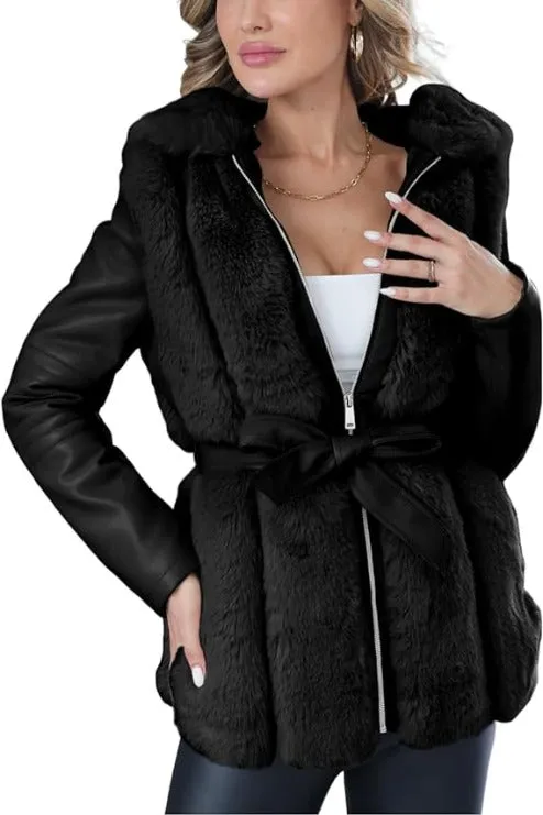 Giolshon Women Faux Fur Leather Jacket Short Warm Coat Furry Outwear