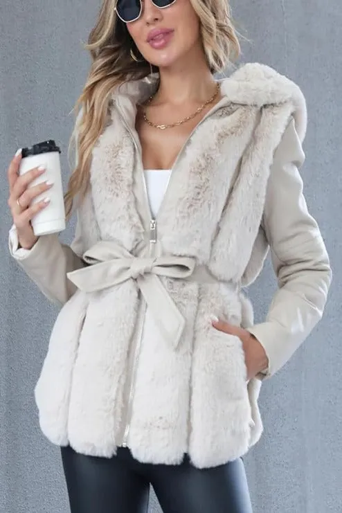 Giolshon Women Faux Fur Leather Jacket Short Warm Coat Furry Outwear