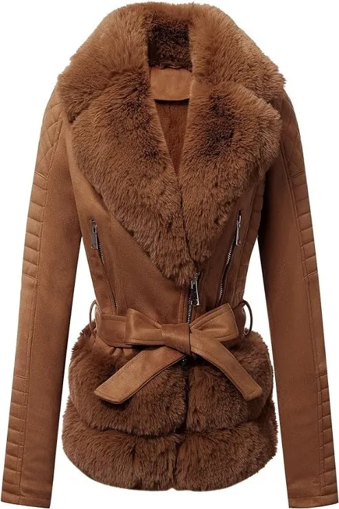 Giolshon Women Faux Suede Leather Jacket  Sherpa-Lined Coat with Removable Belt