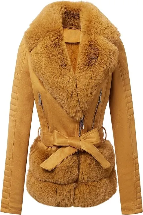 Giolshon Women Faux Suede Leather Jacket  Sherpa-Lined Coat with Removable Belt