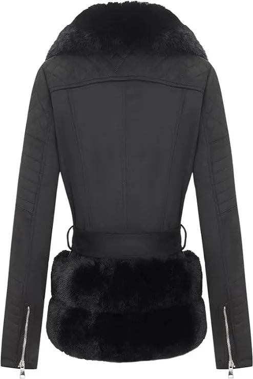 Giolshon Women Faux Suede Leather Jacket  Sherpa-Lined Coat with Removable Belt