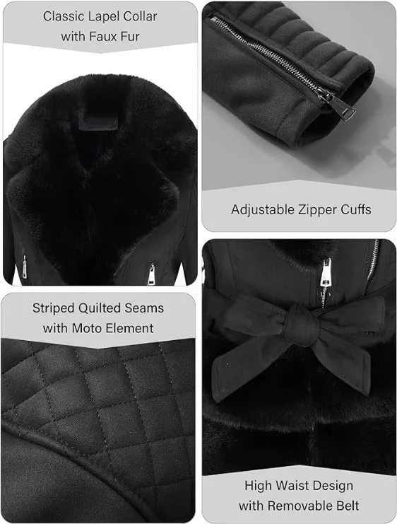 Giolshon Women Faux Suede Leather Jacket  Sherpa-Lined Coat with Removable Belt