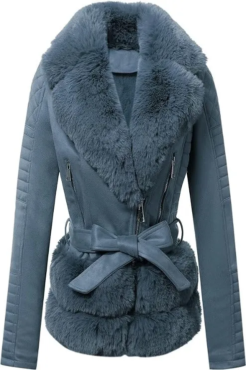 Giolshon Women Faux Suede Leather Jacket  Sherpa-Lined Coat with Removable Belt