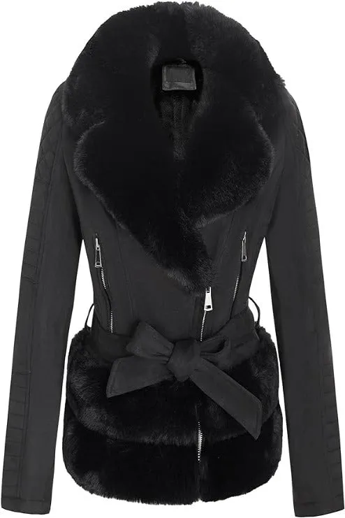 Giolshon Women Faux Suede Leather Jacket  Sherpa-Lined Coat with Removable Belt