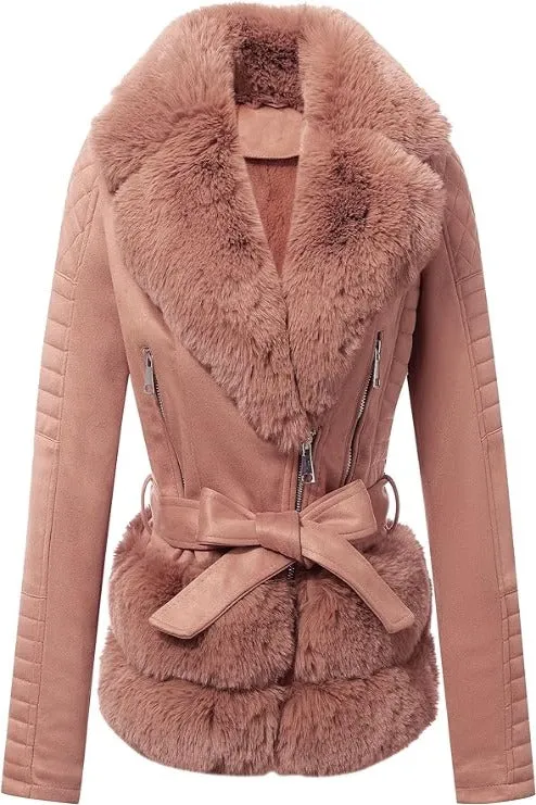 Giolshon Women Faux Suede Leather Jacket  Sherpa-Lined Coat with Removable Belt