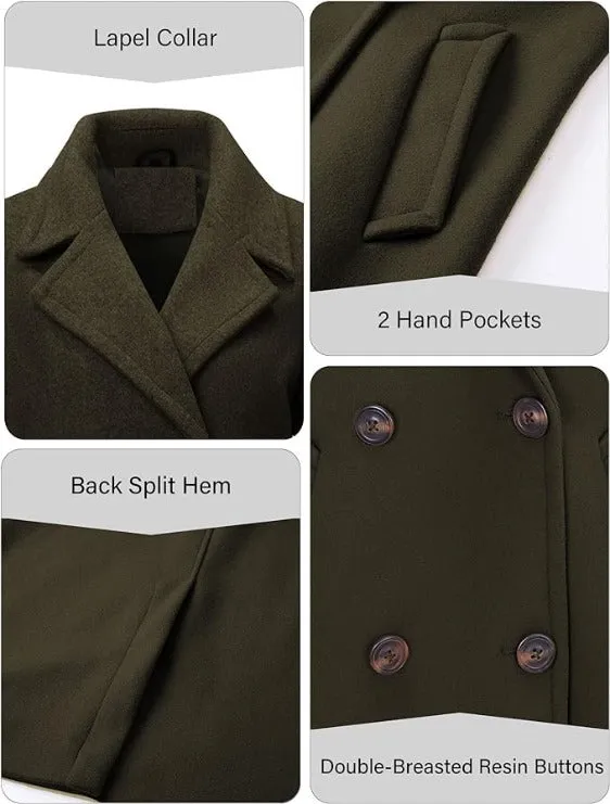 Giolshon Women Faux Woolen Fleece Jacket, Long Trench coat with Detachable Fur Collar