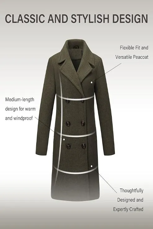 Giolshon Women Faux Woolen Fleece Jacket, Long Trench coat with Detachable Fur Collar