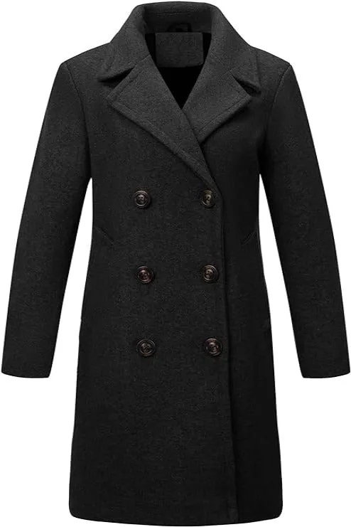 Giolshon Women Faux Woolen Fleece Jacket, Long Trench coat with Detachable Fur Collar