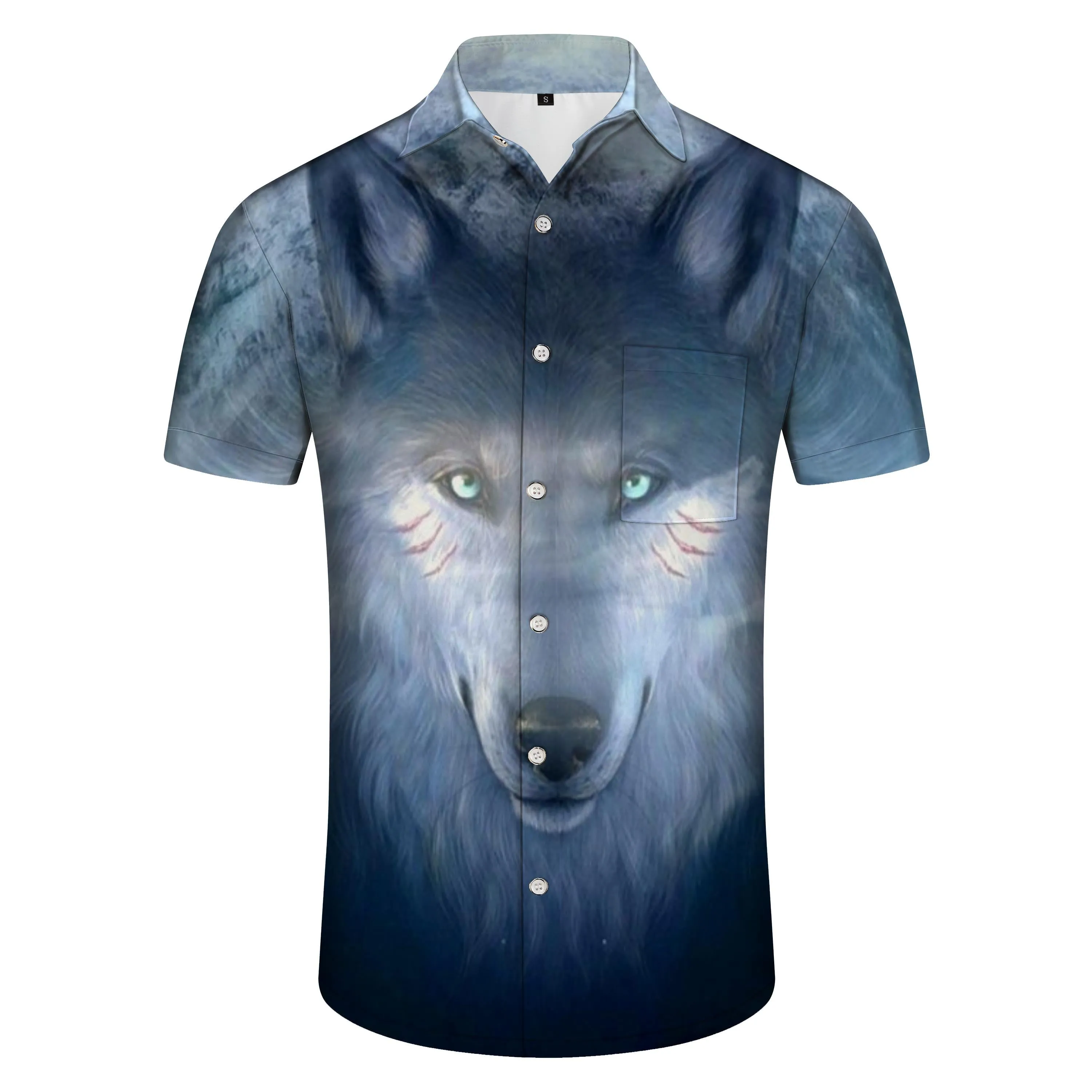 Hawaiian Button Wolf Totem Summer Shirt Print Shirt Short Sleeve Beach Men Streetwear