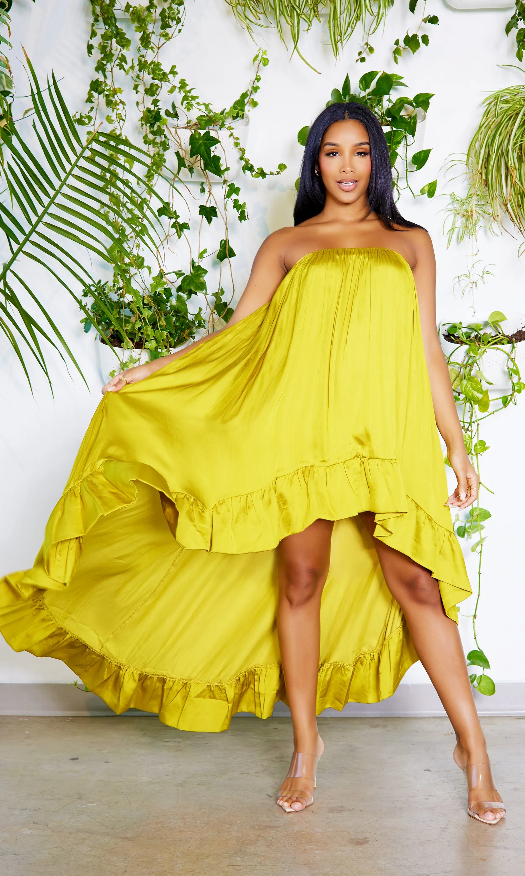 High Low Satin Dress - Chartreuse PREORDER Ships End Feb