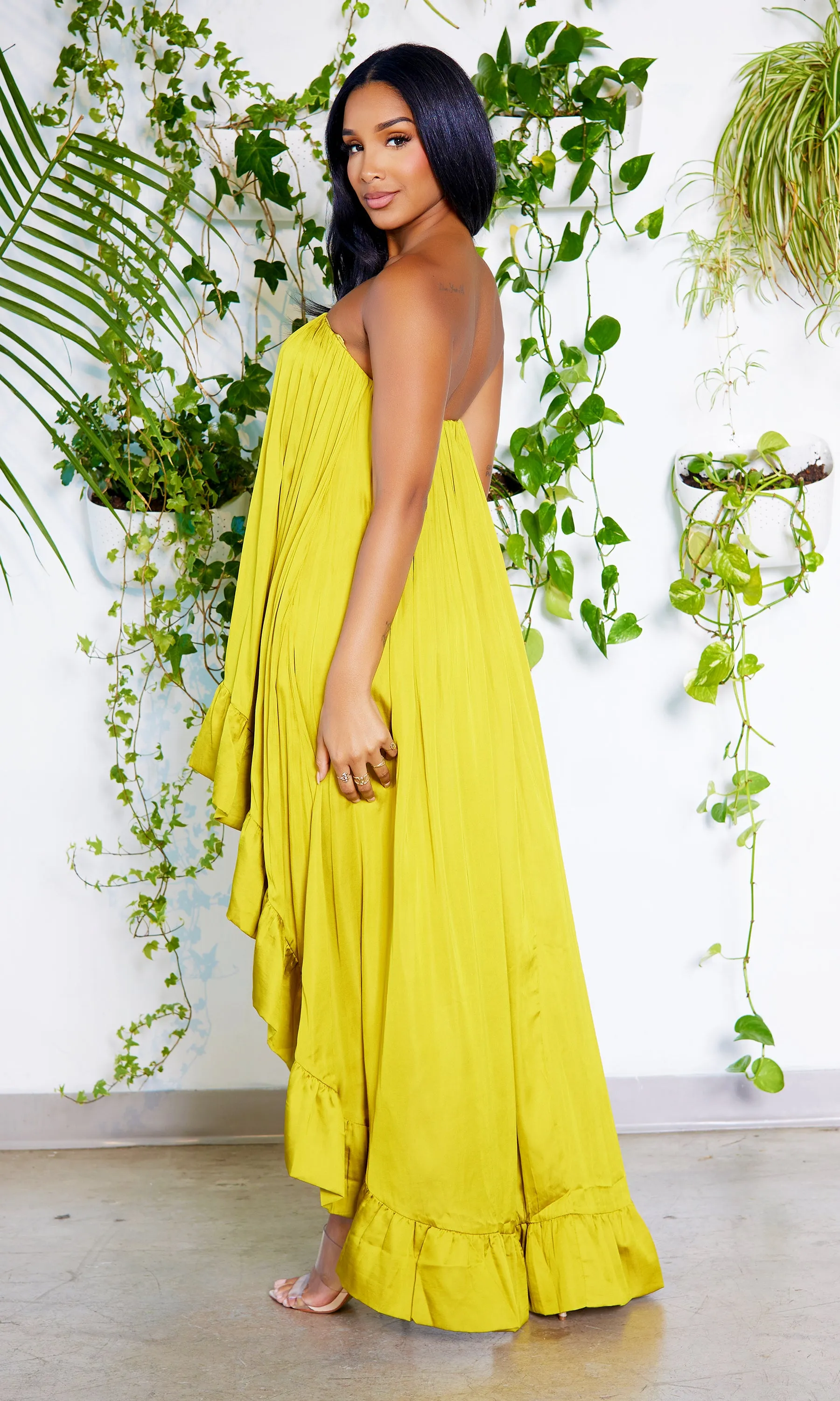 High Low Satin Dress - Chartreuse PREORDER Ships End Feb
