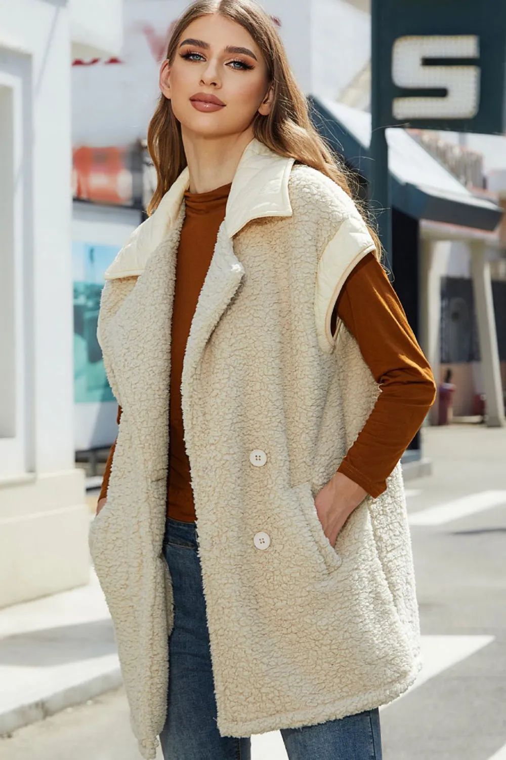 Ivory Fleece Double Breasted Padded Vest