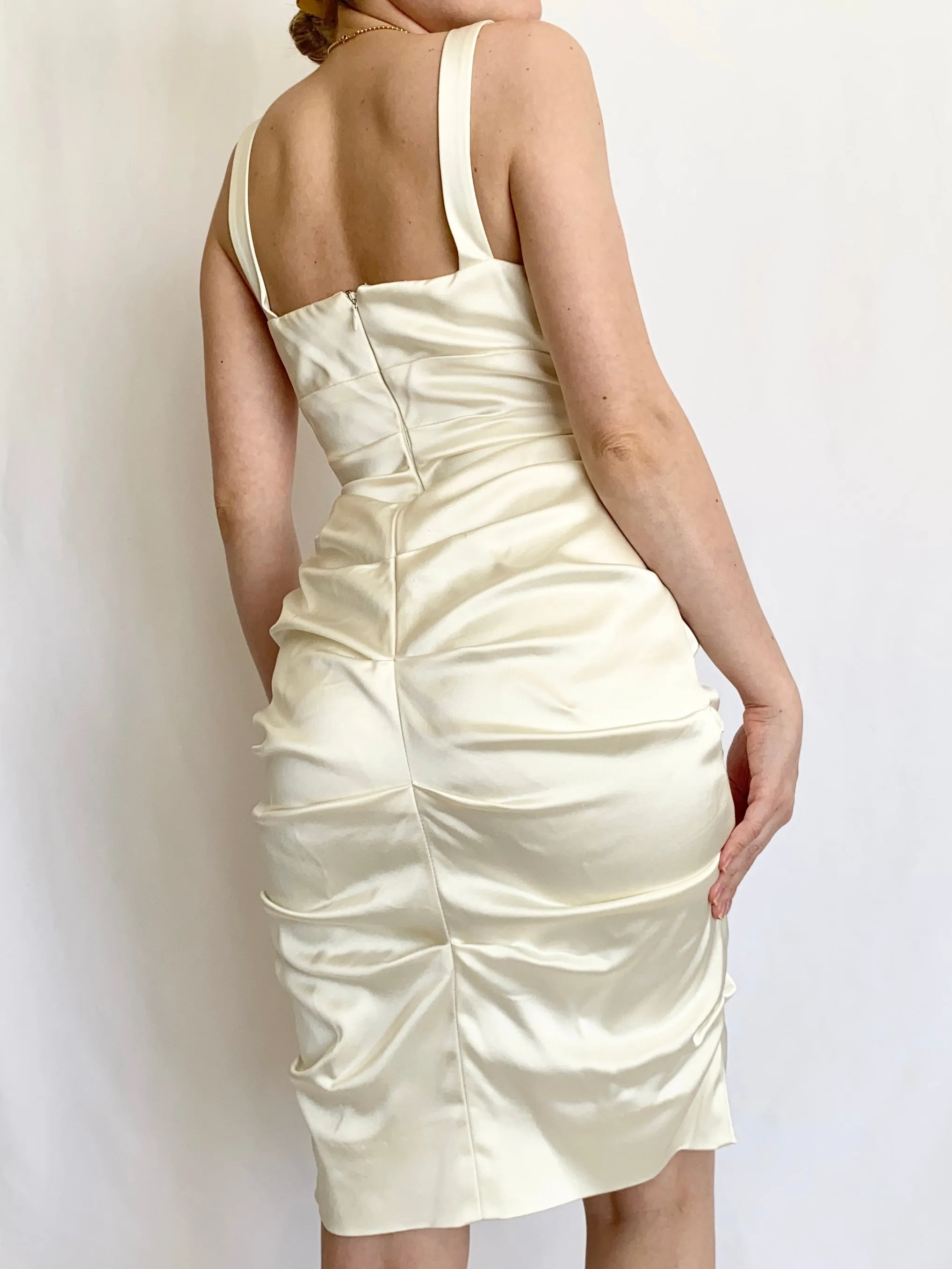 Ivory Liquid Satin 90s Sultry Designer Halter Dress (XS)