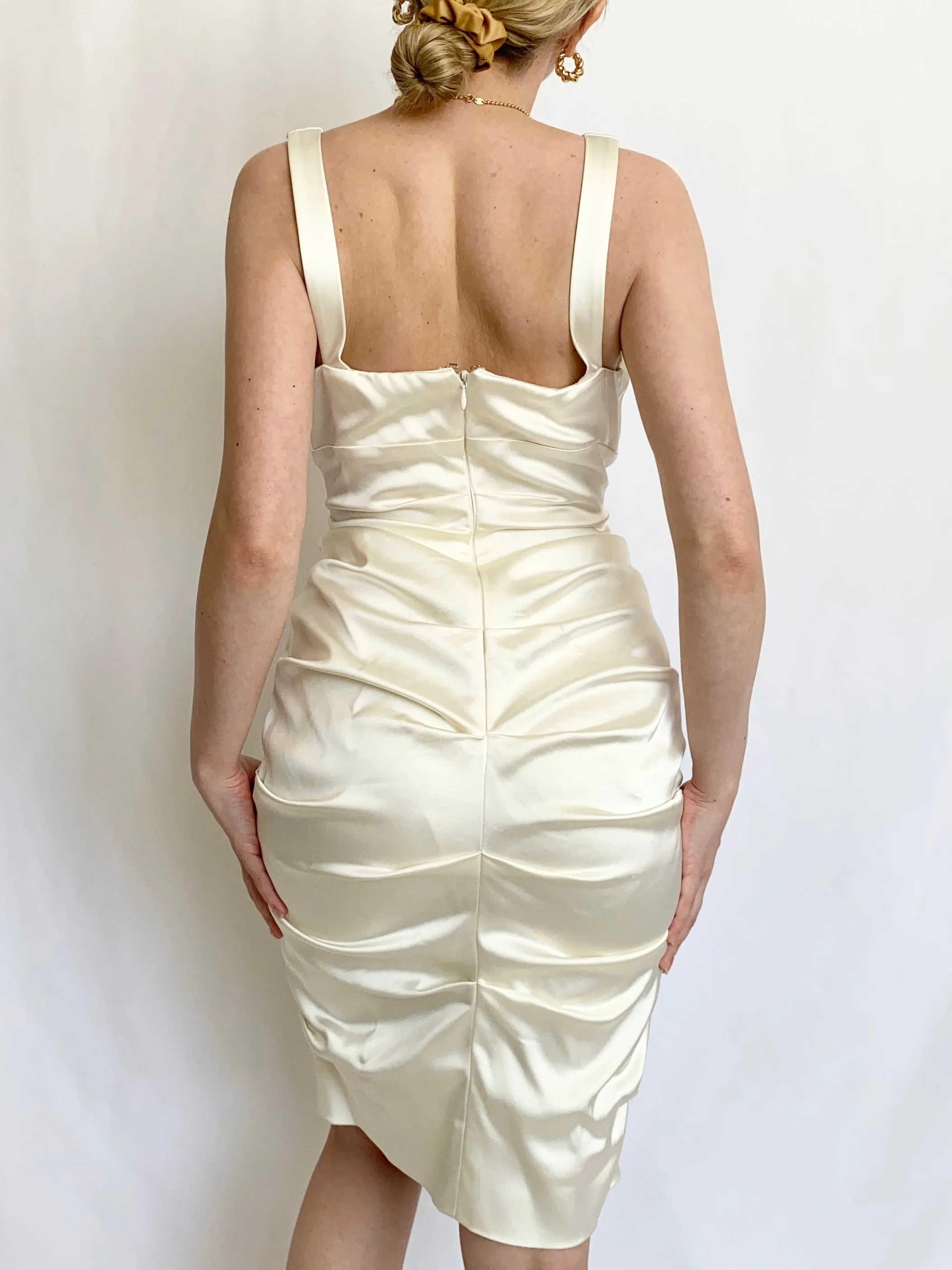 Ivory Liquid Satin 90s Sultry Designer Halter Dress (XS)