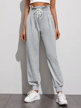 Lace Up Front Paperbag Waist Sweatpants