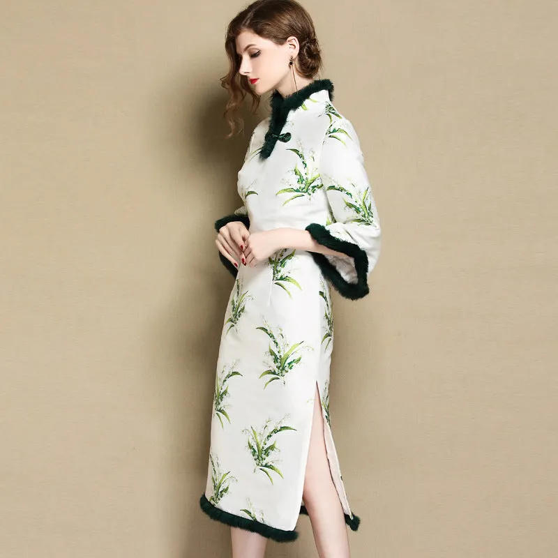 Mandarin Sleeve Fur Edge Tea Length Cheongsam Wadded Chinese Dress