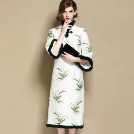 Mandarin Sleeve Fur Edge Tea Length Cheongsam Wadded Chinese Dress