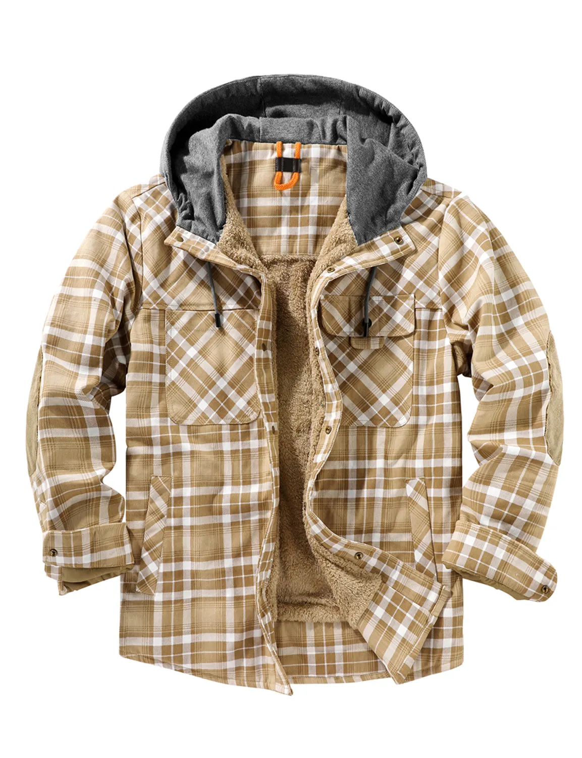 Men's Casual Flannel Lined Long Sleeve Fall Winter Warm Plaid Hooded Shirt Jacket