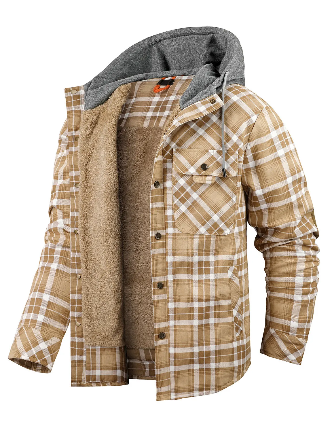 Men's Casual Flannel Lined Long Sleeve Fall Winter Warm Plaid Hooded Shirt Jacket