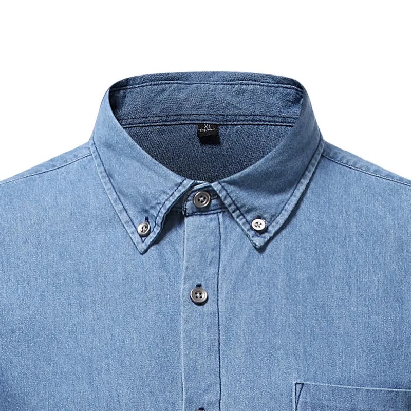 Men's Pocket Bleached Effect Turndown Collar Chambray Shirt