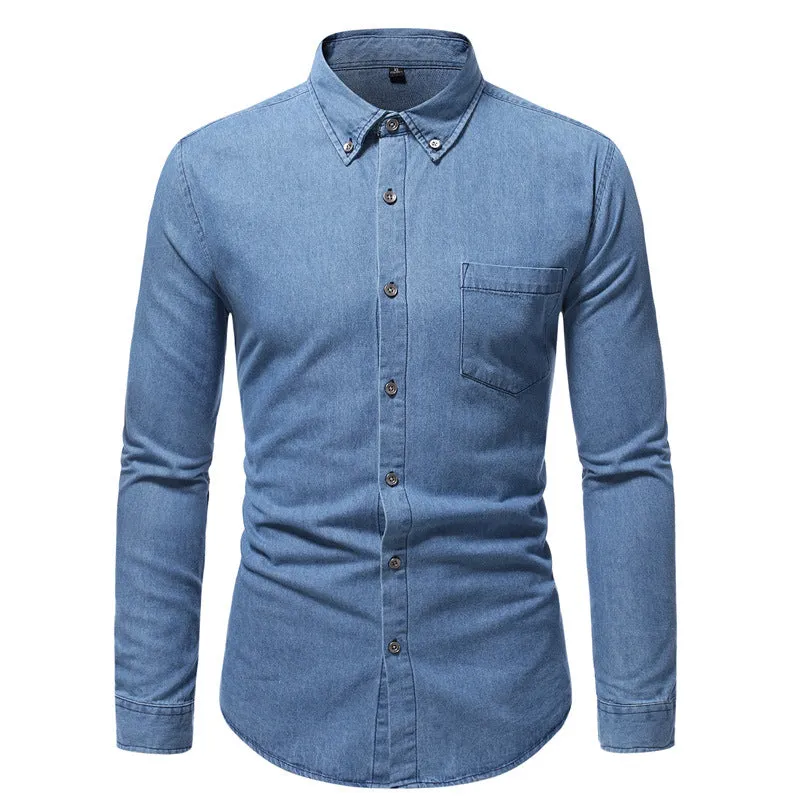 Men's Pocket Bleached Effect Turndown Collar Chambray Shirt
