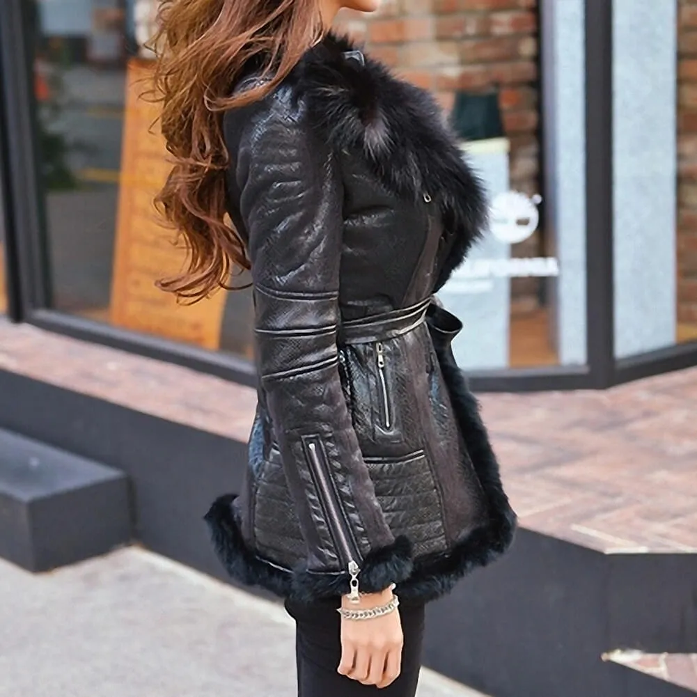 Natural Fox Fur Fleece Slim Fit Long Coat