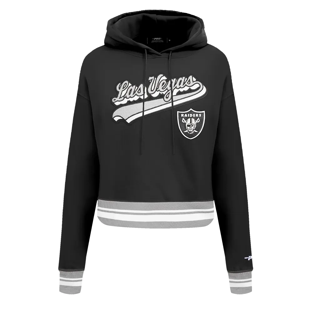 NFL LAS VEGAS RAIDERS SCRIPT TAIL WOMEN'S RIB FLC CROPPED PO HOODIE (BLACK/GRAY)