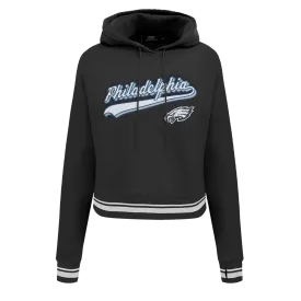 NFL PHILADELPHIA EAGLES SCRIPT TAIL WOMEN'S RIB FLC CROPPED PO HOODIE (BLACK)