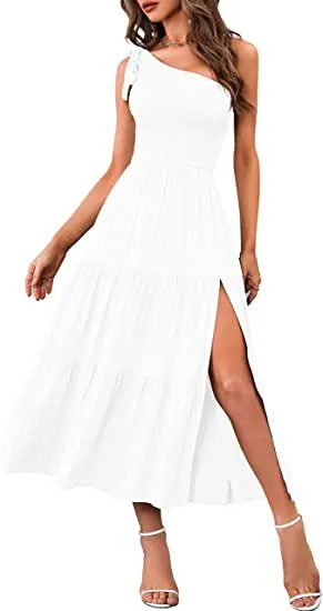 One-shoulder Pleated Layered Hem Dress
