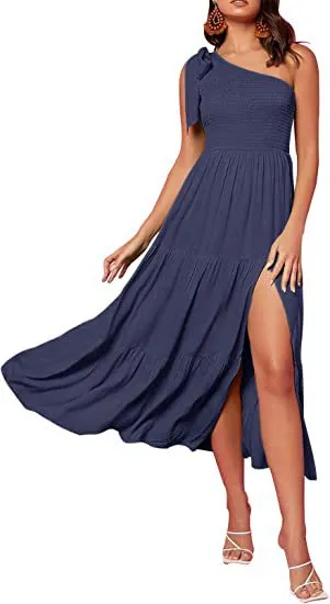 One-shoulder Pleated Layered Hem Dress