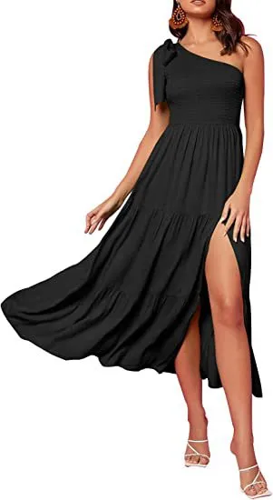 One-shoulder Pleated Layered Hem Dress