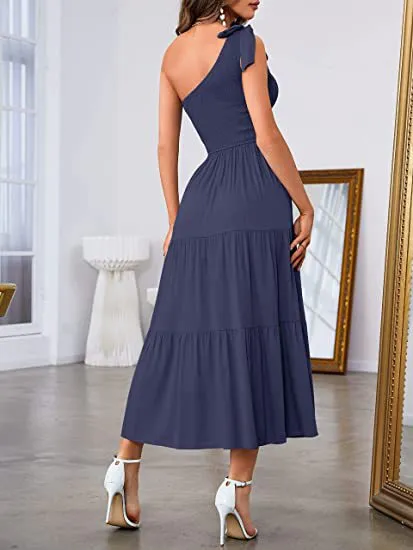 One-shoulder Pleated Layered Hem Dress