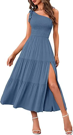 One-shoulder Pleated Layered Hem Dress