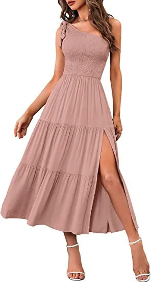One-shoulder Pleated Layered Hem Dress
