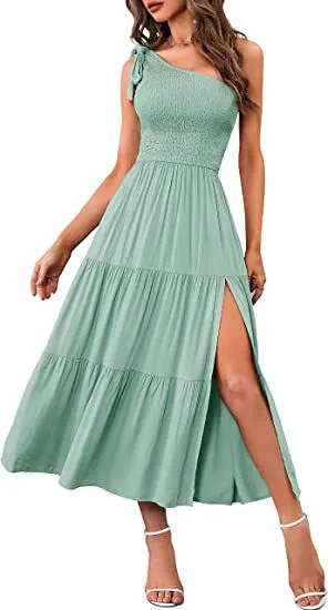 One-shoulder Pleated Layered Hem Dress