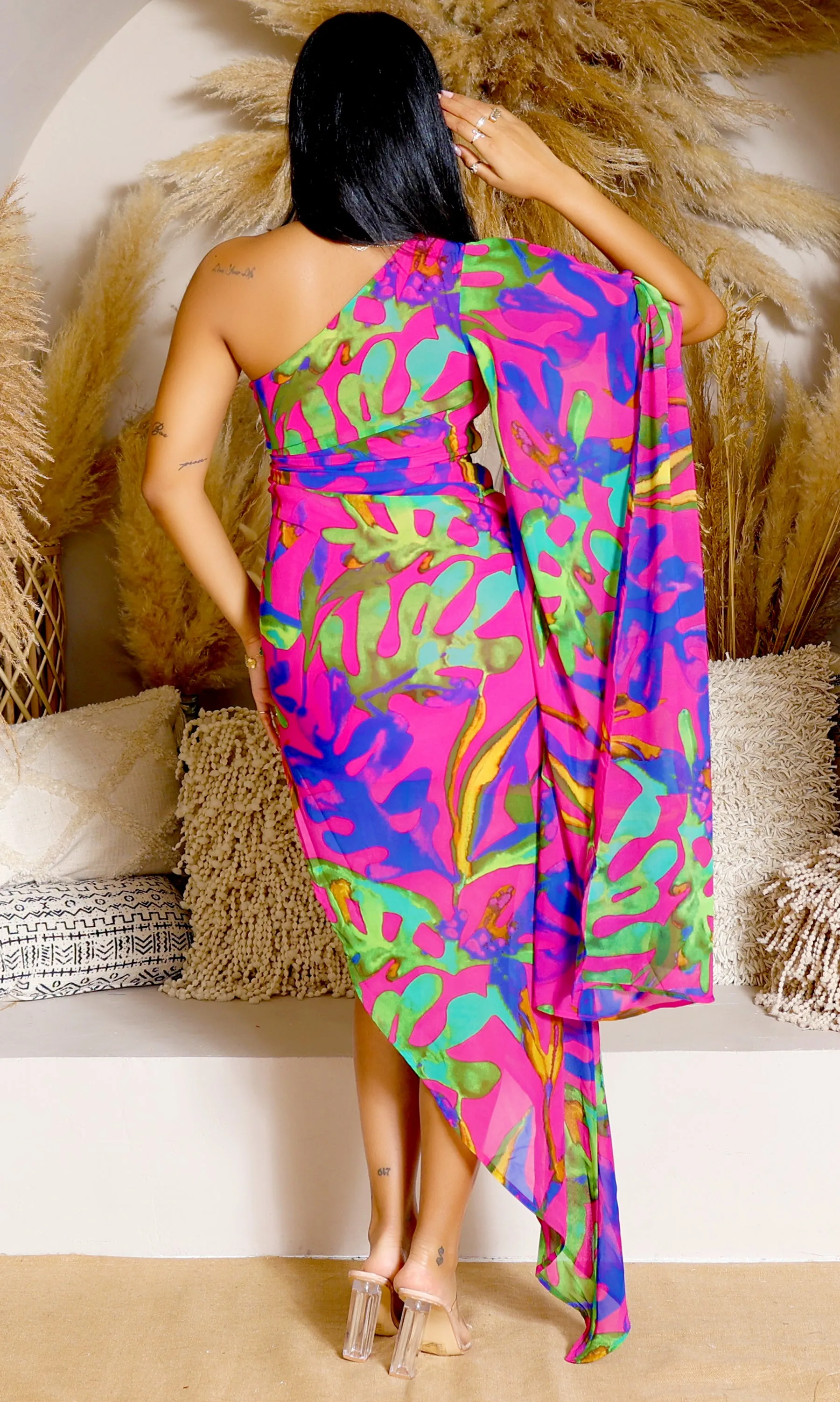 Paradise Breeze | Chiffon One-Shoulder Dress - Multi- FINAL SALE
