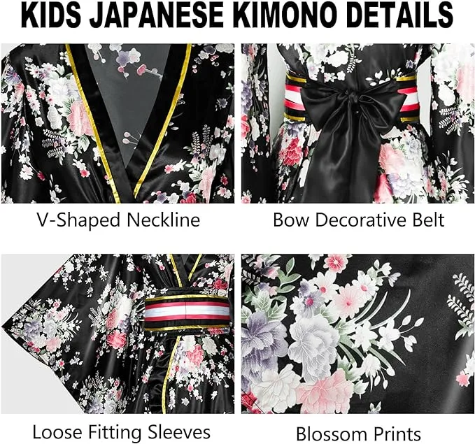 PLULON 5 Pcs Women's Japanese Kimono Robe Short Floral Print Kimono Dress Sexy Geisha Yukata Satin Bathrobe with Accessories