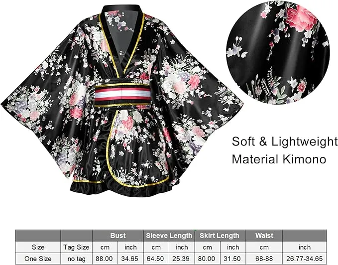 PLULON 5 Pcs Women's Japanese Kimono Robe Short Floral Print Kimono Dress Sexy Geisha Yukata Satin Bathrobe with Accessories