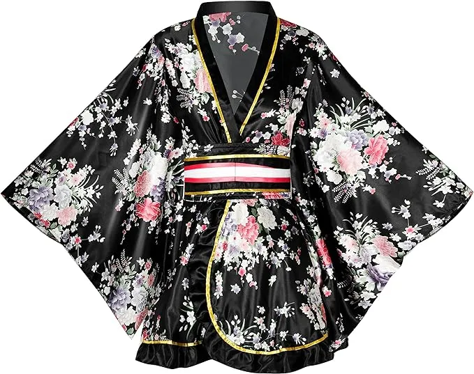 PLULON 5 Pcs Women's Japanese Kimono Robe Short Floral Print Kimono Dress Sexy Geisha Yukata Satin Bathrobe with Accessories