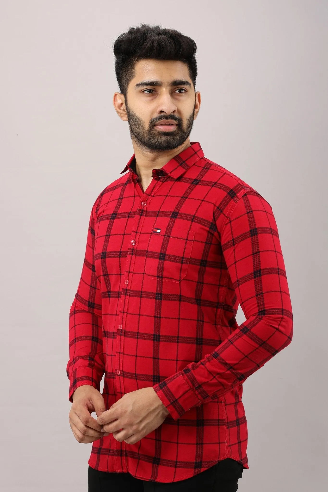 Red Checkered Pure Cotton Formal Shirt