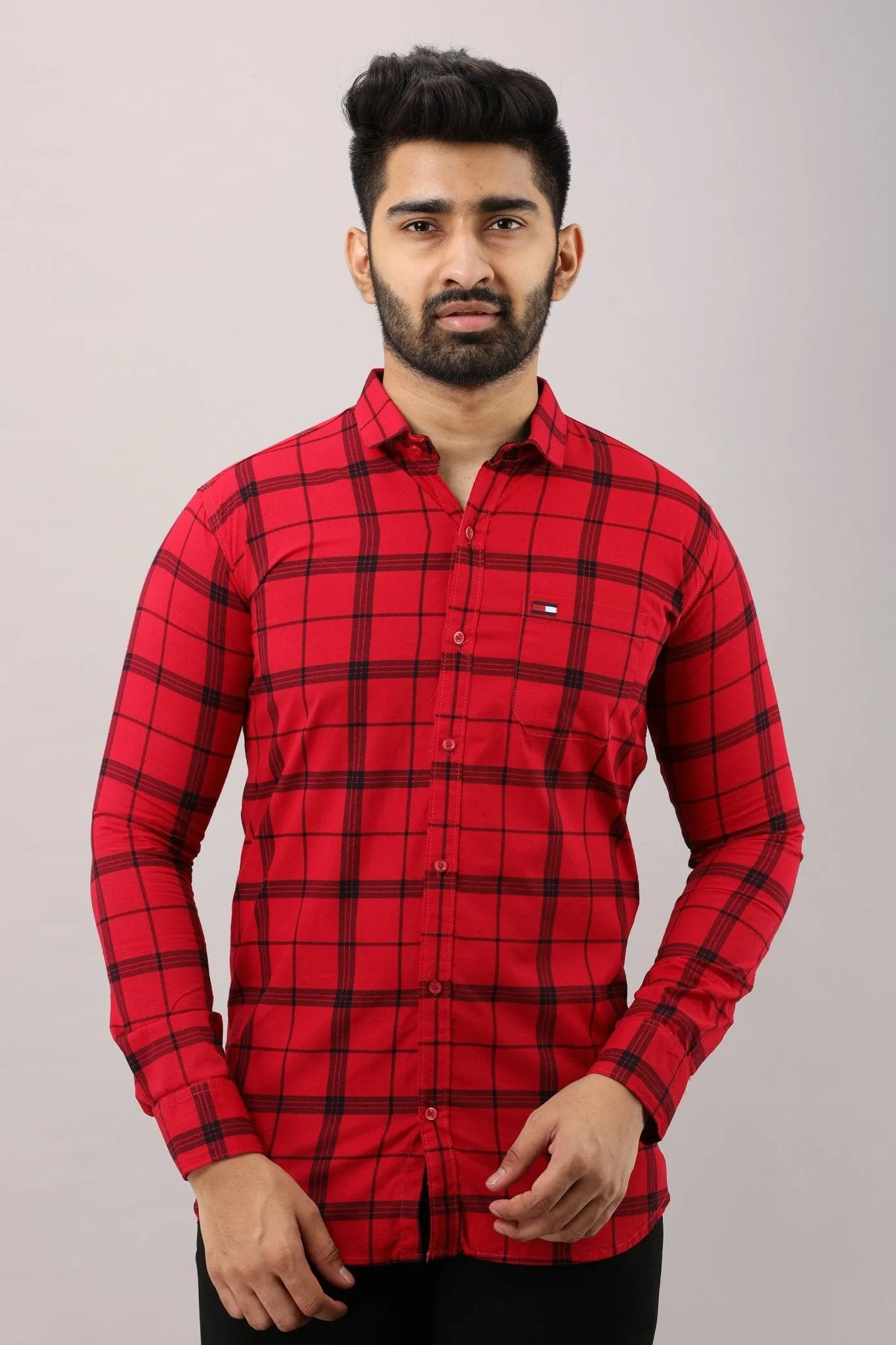 Red Checkered Pure Cotton Formal Shirt
