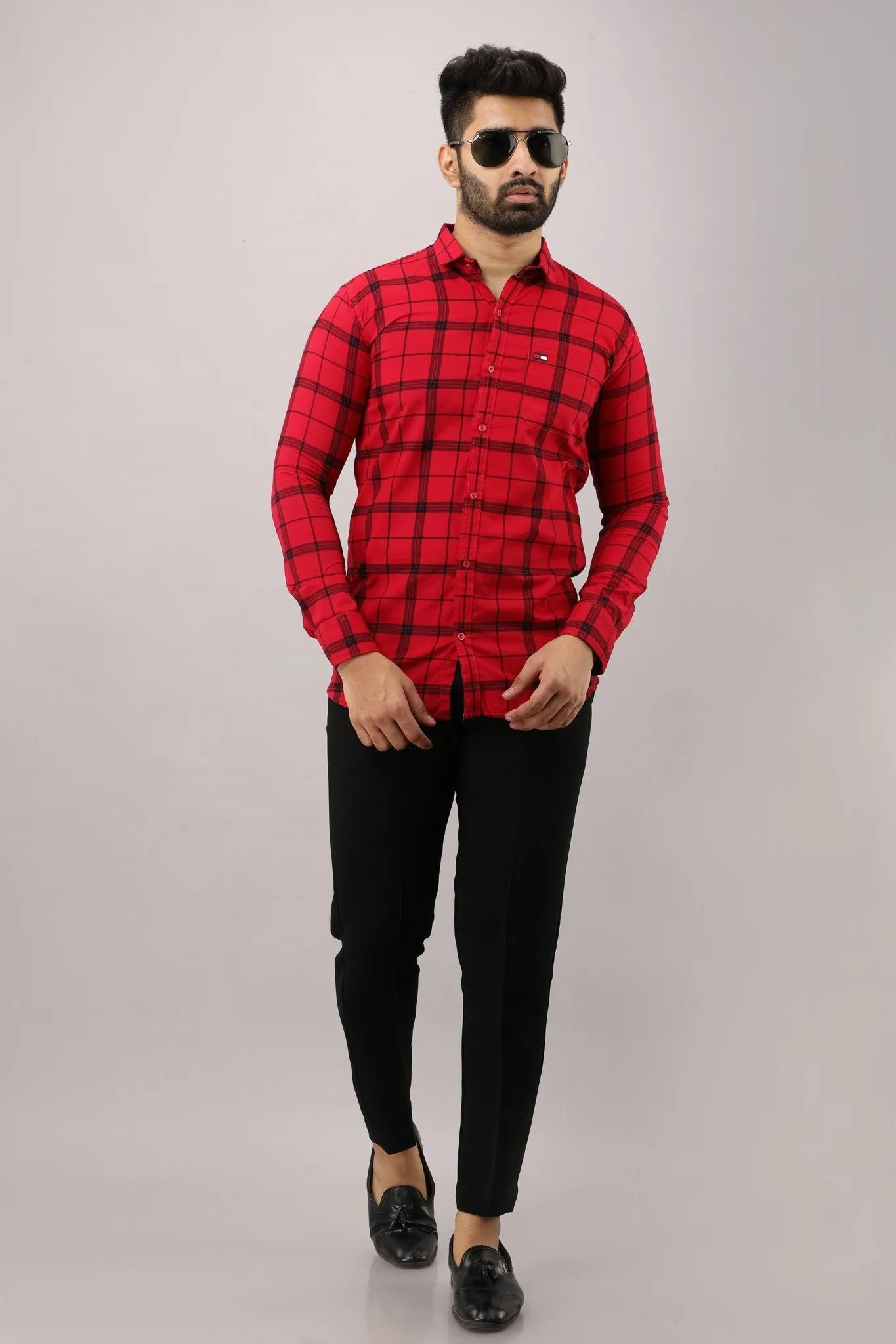 Red Checkered Pure Cotton Formal Shirt