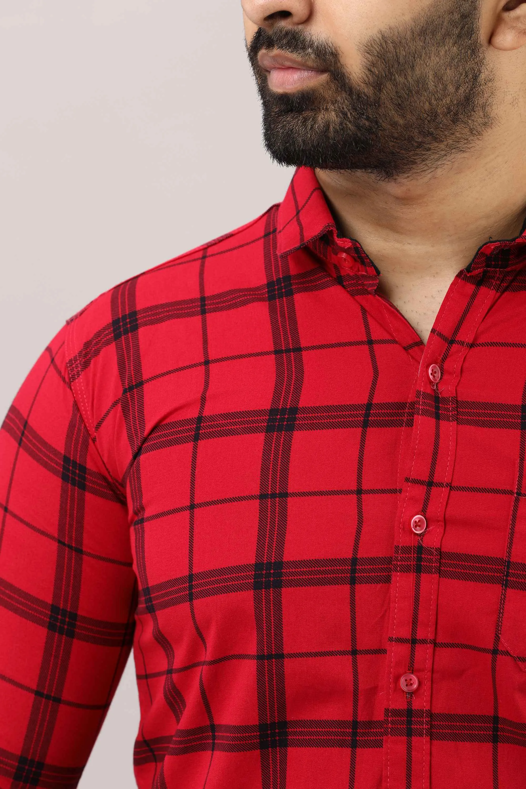 Red Checkered Pure Cotton Formal Shirt