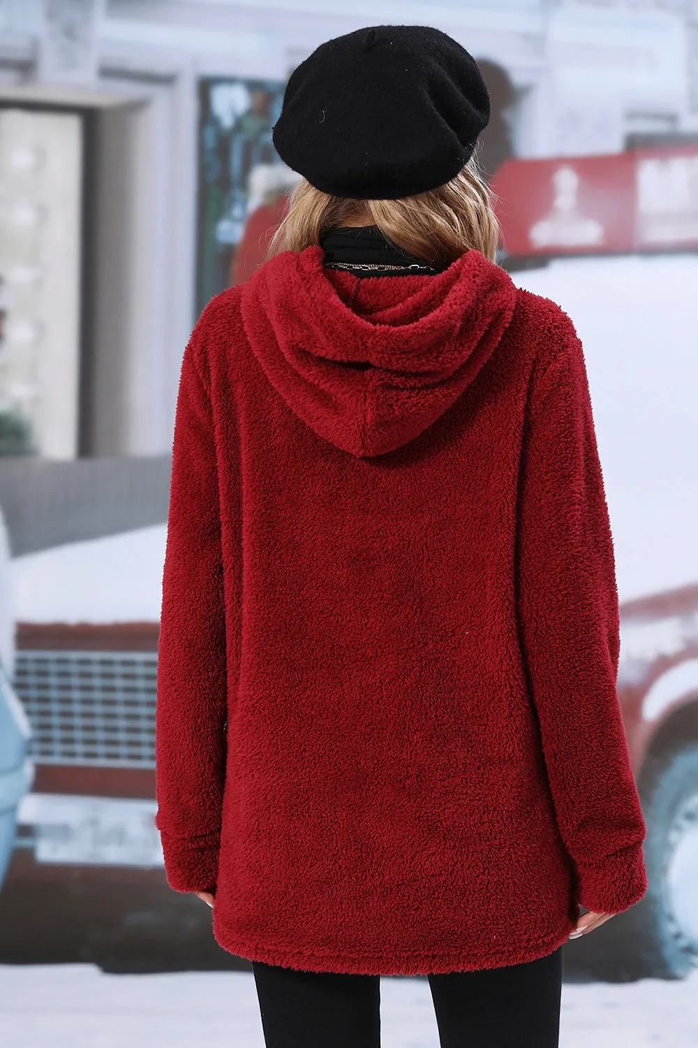 Red Fleece Hooded Pull Over Sweatshirt With Front Pocket