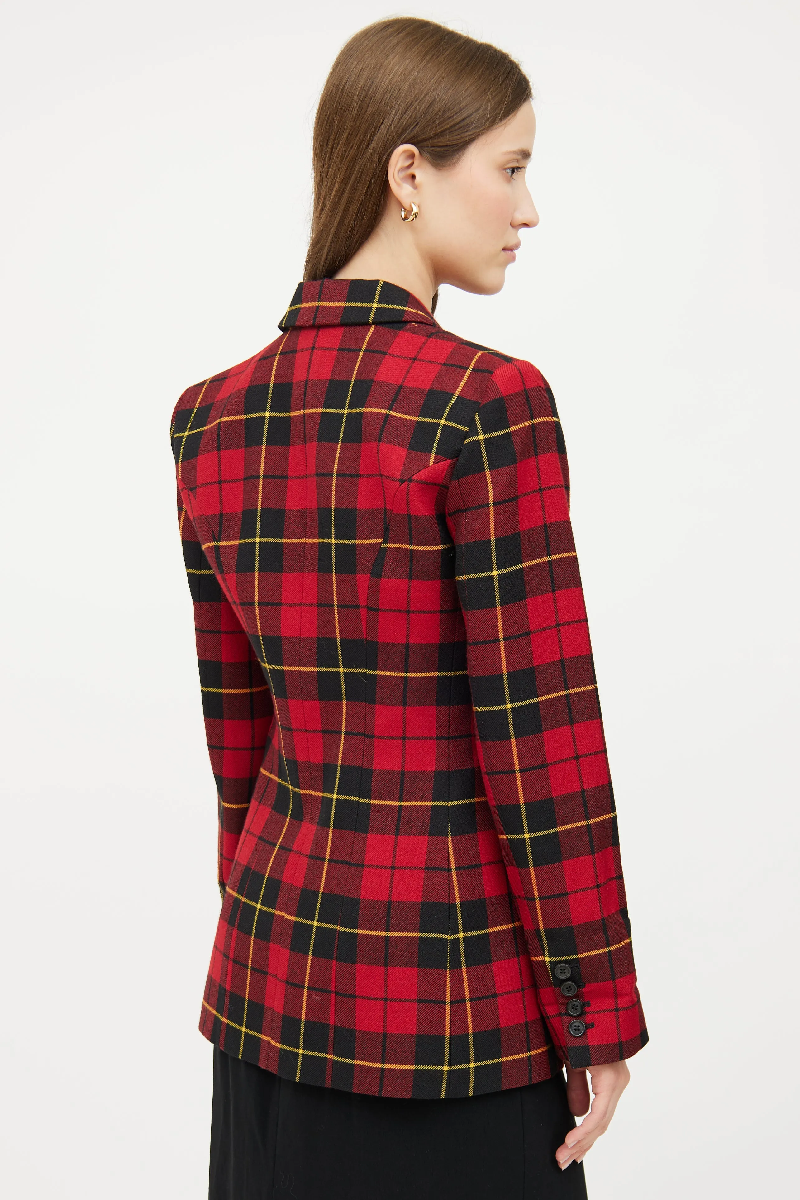 Red Plaid Long Sleeve Blazer